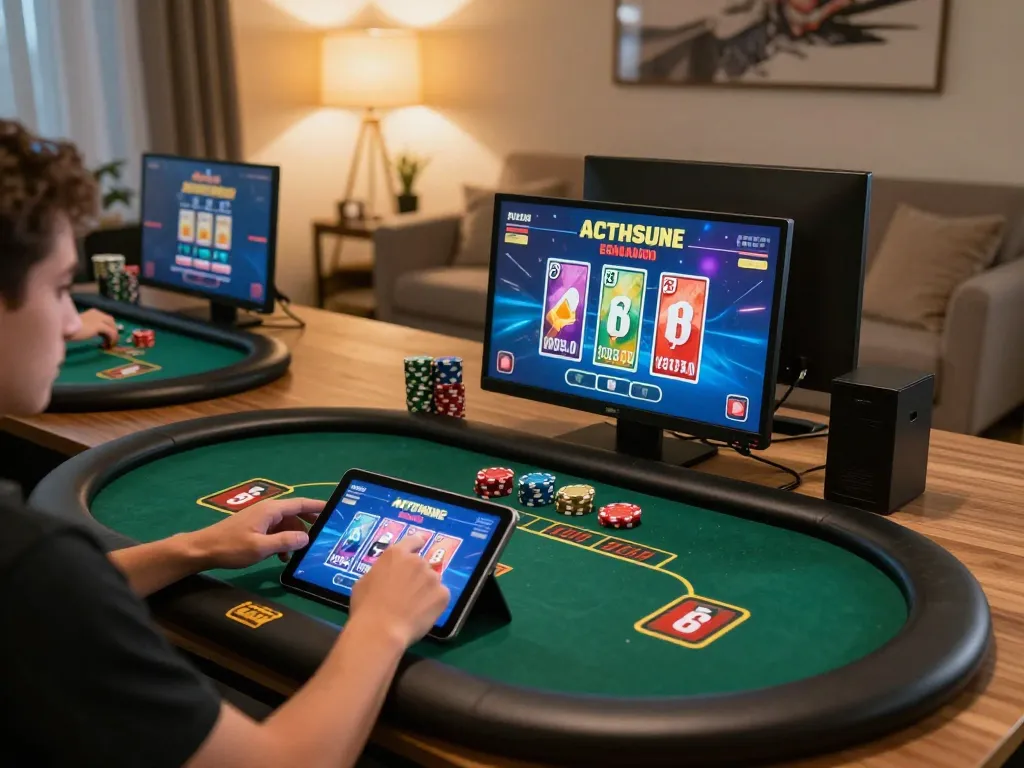 Go88 user engaging in online gambling through tablet in a cozy home setting, showcasing an immersive gaming experience.