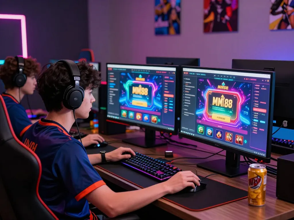 Engaged gamer utilizing MM88 online casino platform in a vibrant gaming room setup.