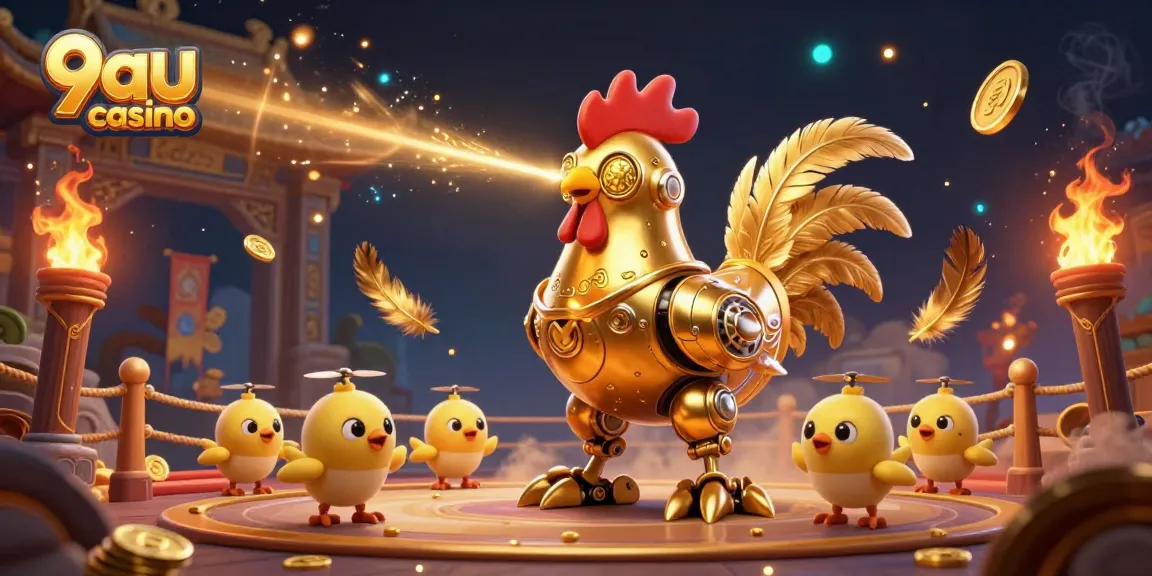 Engage with thrilling gameplay at 9au casino featuring a golden rooster robot and dynamic elements.