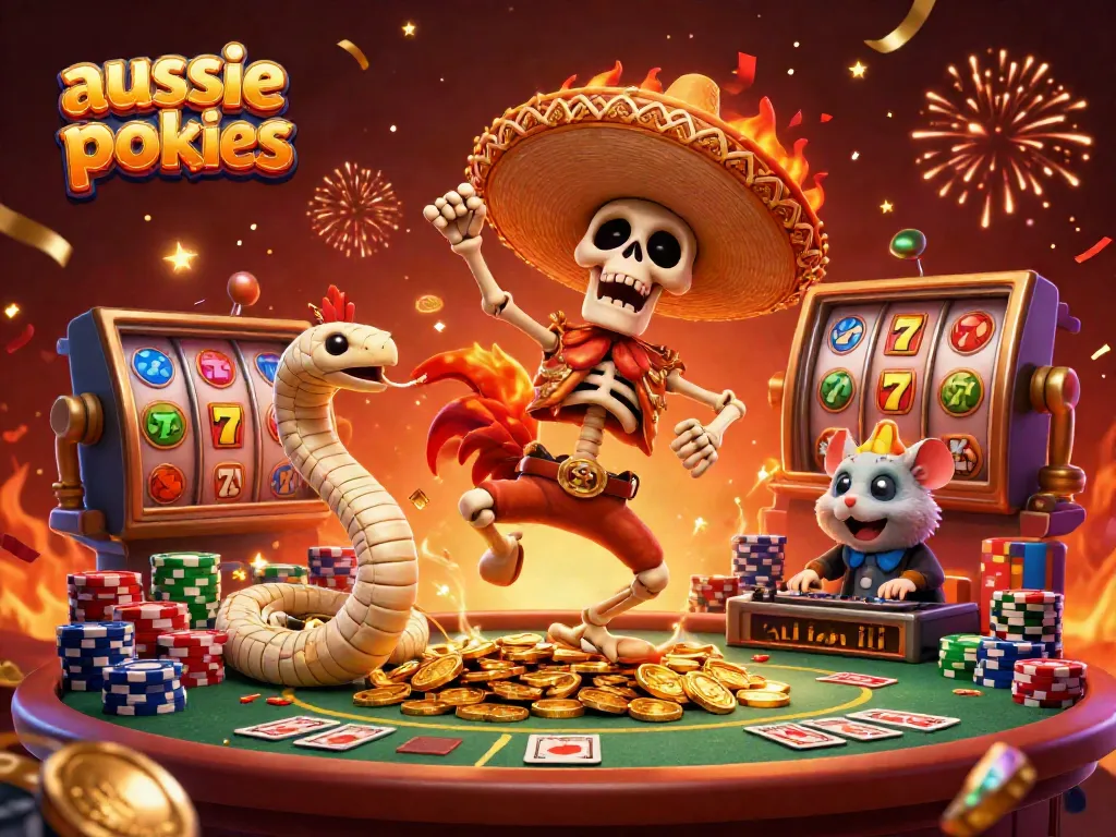 Win big with aussie pokies in a dynamic 3D casino scene showcasing vibrant characters and gold coins.