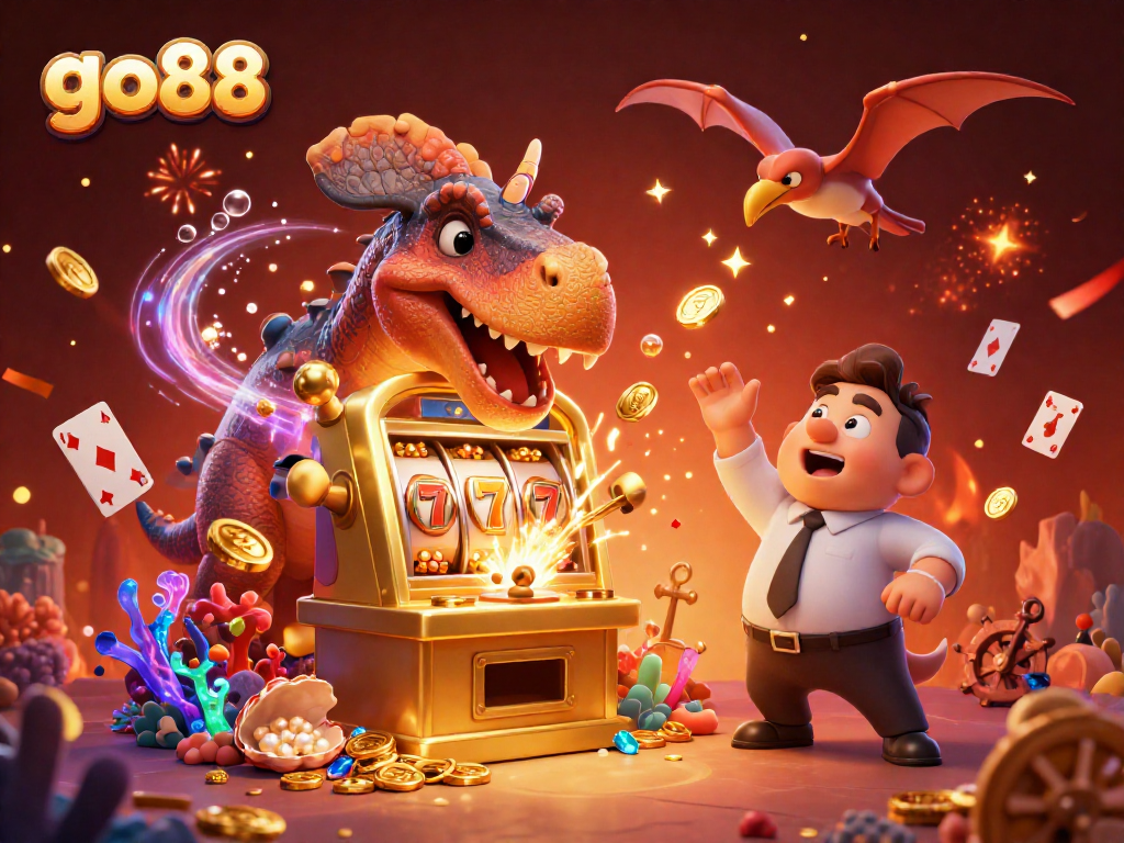Experience the thrill of go88 as a pachycephalosaurus triggers a slot machine jackpot amidst dynamic casino elements.