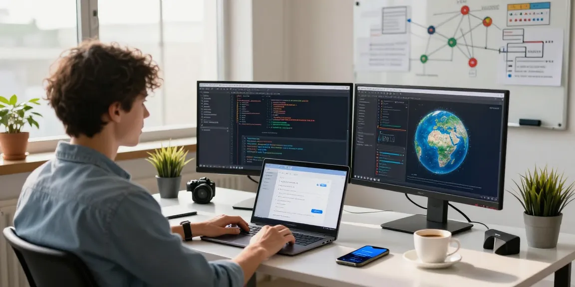 快连 user experiencing fast network connections in a modern tech workspace with coding software and professional equipment.