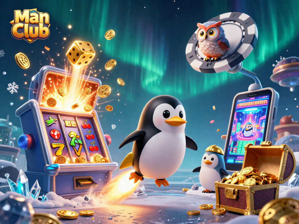Join the fun at Man Club with a dynamic 3D casino illustration featuring a golden penguin and gaming elements.