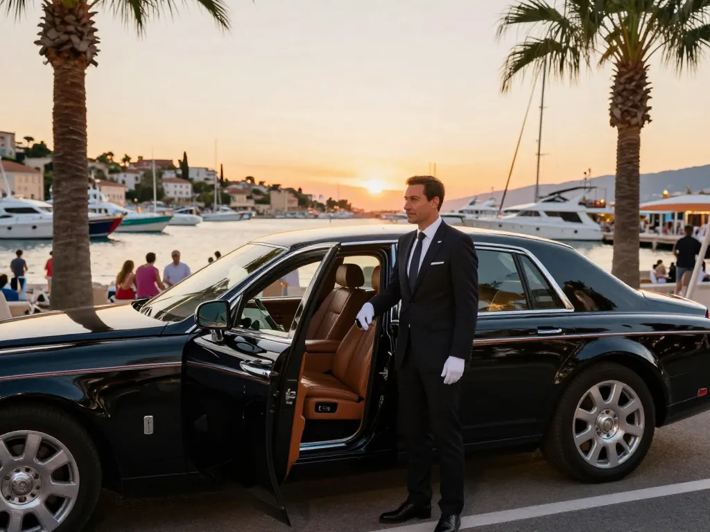 Service de chauffeur de luxe Taxi Saint-Tropez au coucher du soleil sur la plage