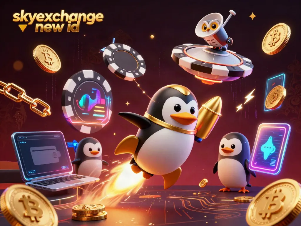 Place your bets with the skyexchange new id at a dazzling space casino, featuring a golden penguin and vibrant crypto elements.