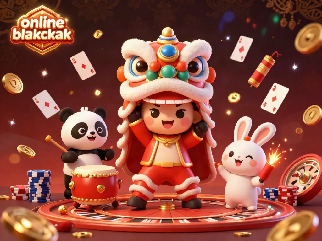 Experience thrilling online blackjack with lively characters in a festive 3D casino setting.