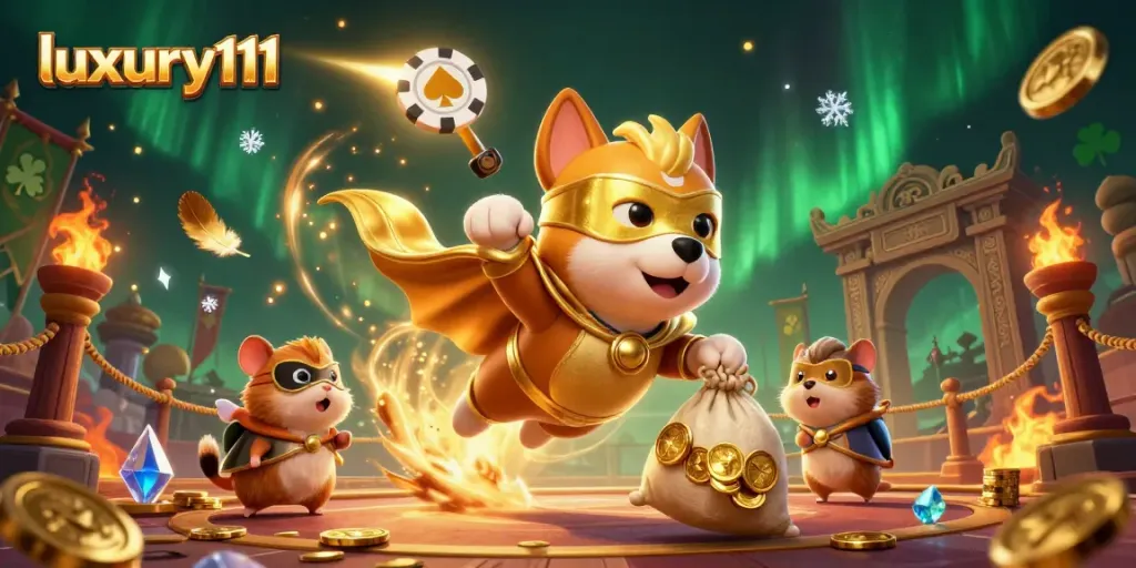 Experience thrilling wins with luxury111 as a superhero dog flies with gold coins and poker chips.