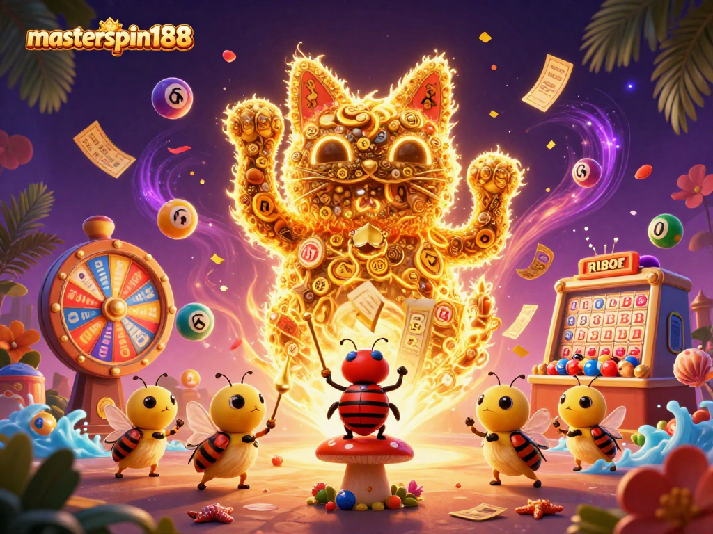 Engage with masterspin188's dynamic casino world, featuring colorful lottery elements and a lucky cat!