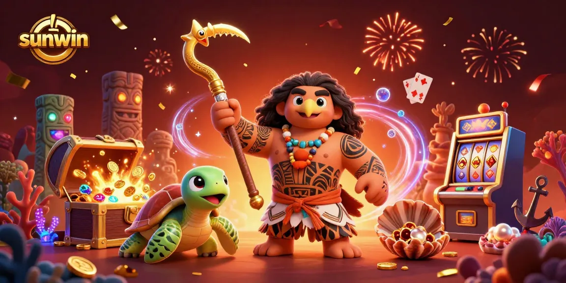 Join the exciting action at sunwin, featuring a vibrant casino scene with treasures and animated characters.