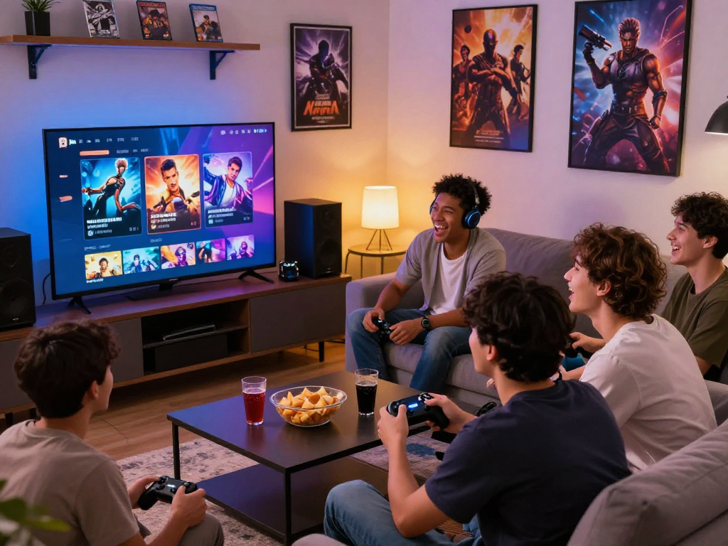 Friends playing engaging porn games HTML on console in cozy living room, vibrant graphics on screen.