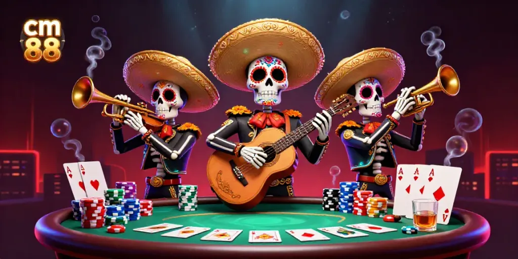 Experience the excitement of cm 88 with colorful mariachi skeletons at a lively poker table.