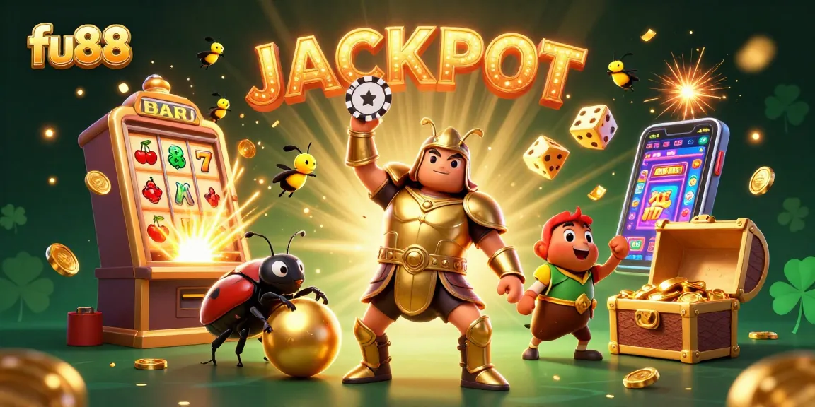 Join the excitement at fu88 as a victorious beetle celebrates a jackpot win amidst dynamic casino elements.
