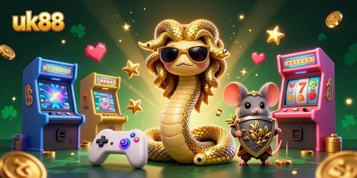 Experience thrilling gaming with uk88 in a vibrant 3D casino illustration featuring Medusa and arcade elements.