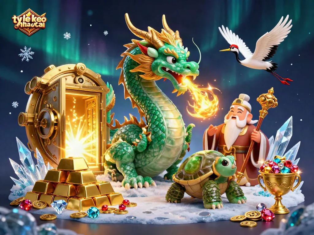 Bet on ty le keo nha cai illustrated with a jade dragon, turtle sage, and lucky cranes in a treasure-filled scene.