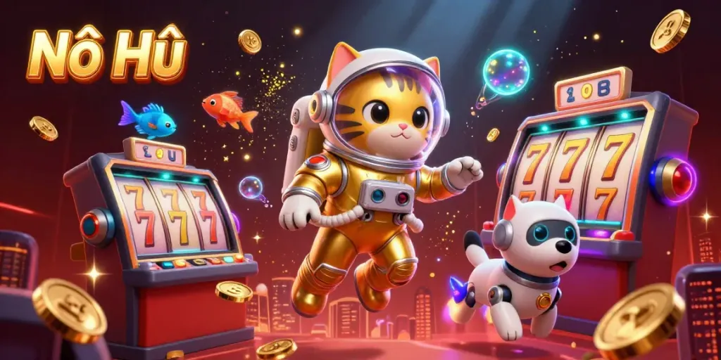 Nổ Hũ experience with a floating astronaut cat, jackpot slots, and dynamic alien elements in a vibrant casino scene.