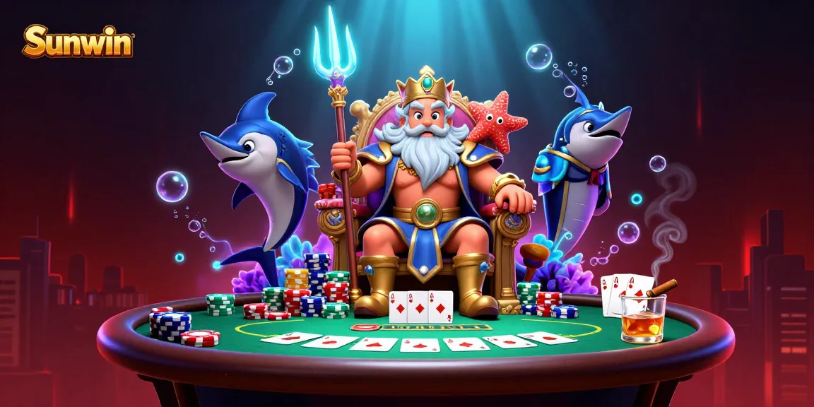 Sunwin's dynamic casino scene featuring Neptune and poker elements in vibrant colors.