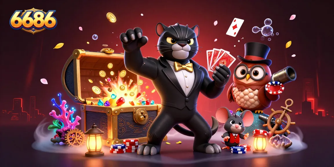 Engage with 6686's vibrant casino scene showcasing a stylish panther, enchanting owl, and lucky mouse amidst dynamic gaming elements.