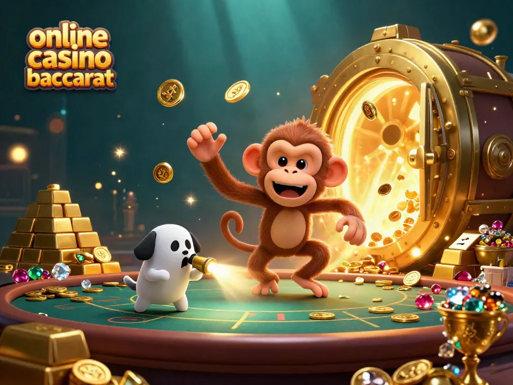 Engage in online casino baccarat with a playful scene of a poltergeist monkey juggling coins and a ghost-hunter puppy.