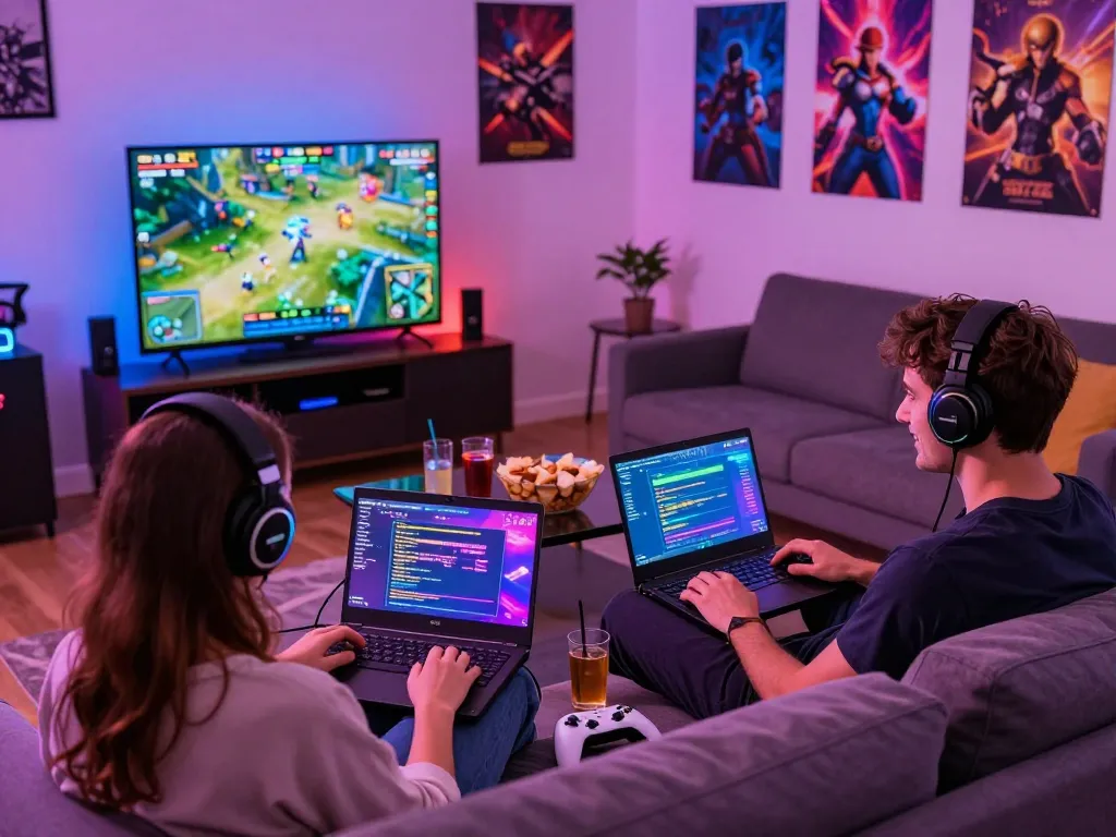 Engaged couple playing html porn games on laptops in a cozy gaming setup.