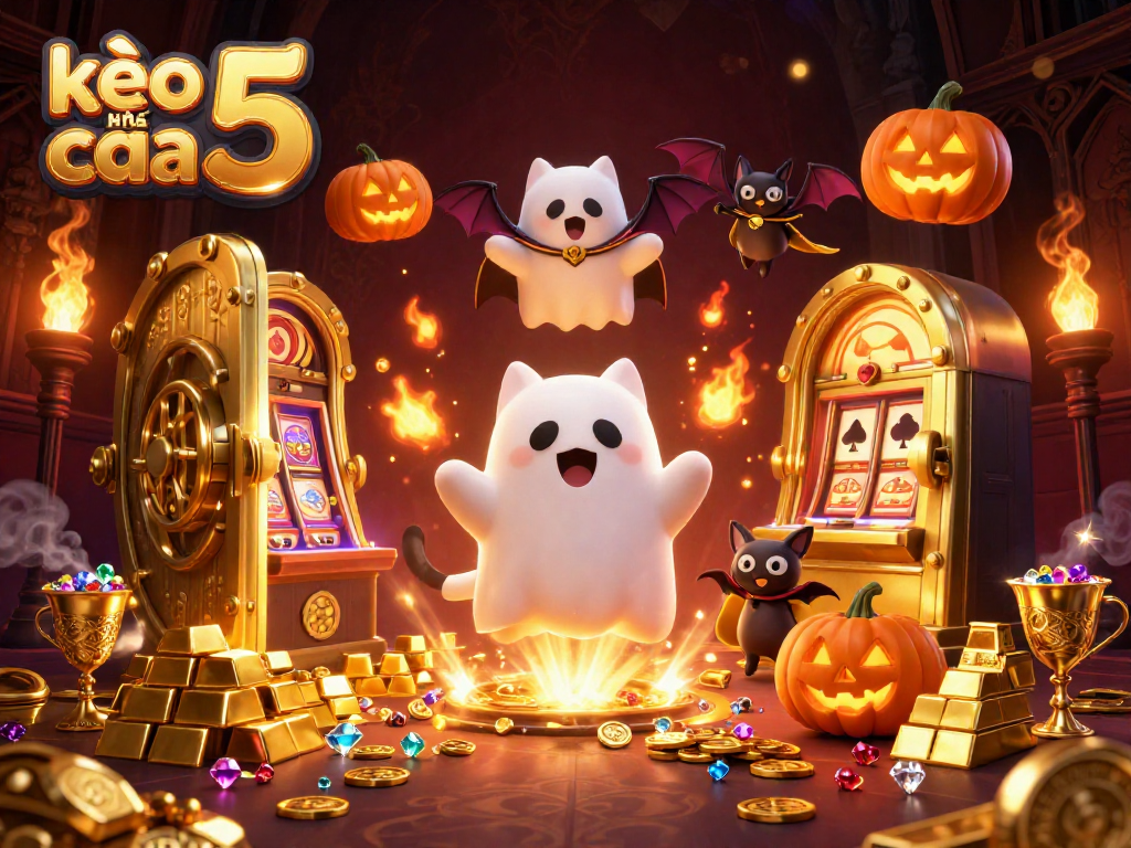 Engage in thrilling action with kèo nhà cái 5 as the friendly ghost cat and vampire bat explore the haunted casino.