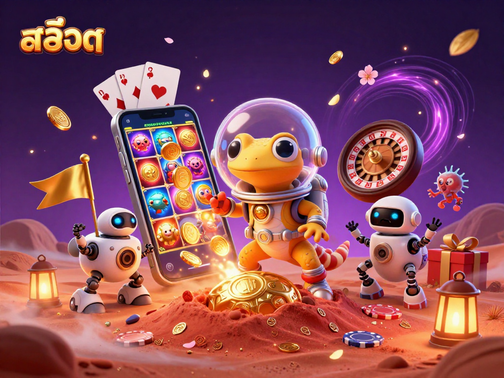 Experience thrilling slots action with สล็อต and unique characters exploring a vibrant casino.