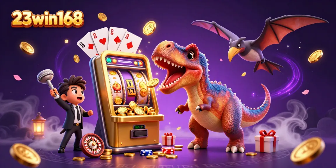 Experience the thrill of 23win168 with a pachycephalosaurus jackpot scene, dynamic casino elements, and vibrant colors.