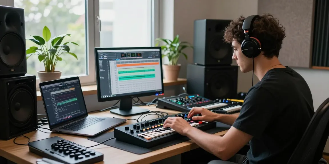 Music producer using SC88 sound module in a modern studio setting