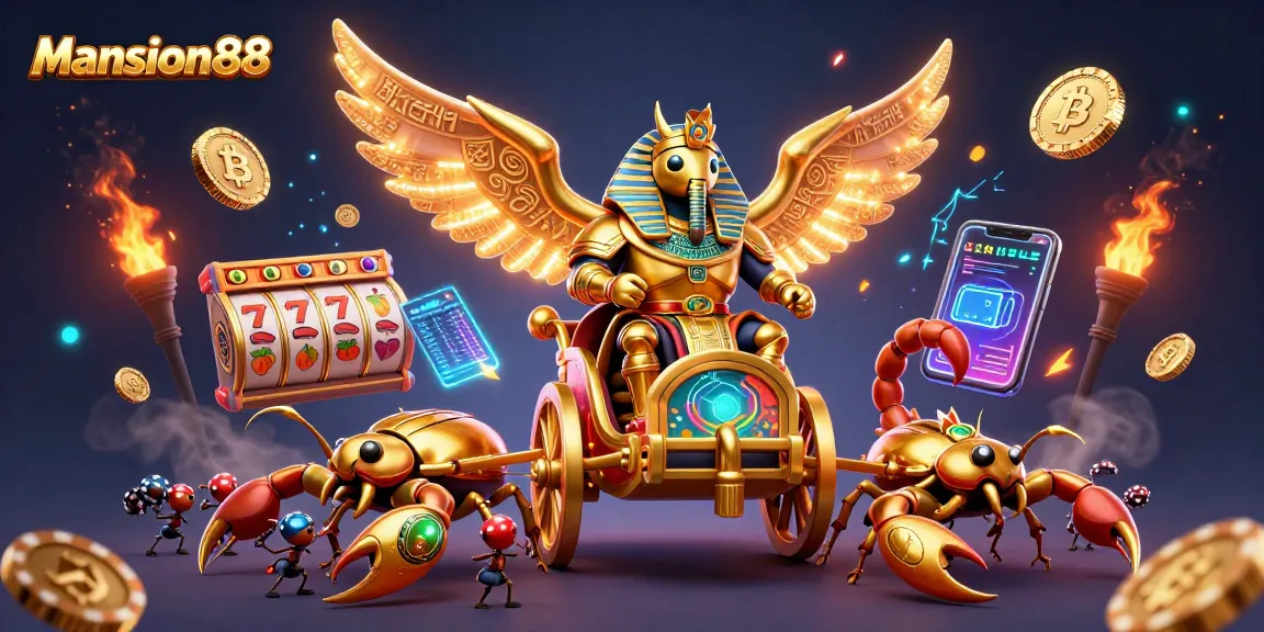 Engage in winning strategies at Mansion88 with a vibrant casino scene featuring slot reels and a golden beetle.