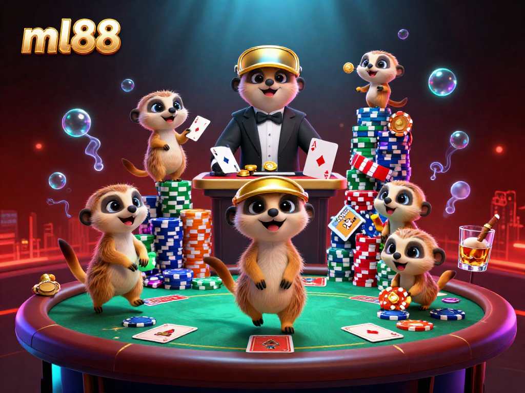 Experience the thrill of ml88 with meerkats managing an exciting casino scene filled with poker elements.