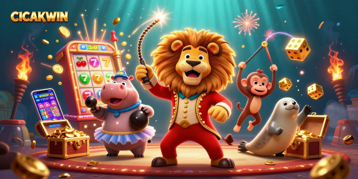 CICAKWIN showcases exciting slot action with vibrant characters and a jackpot explosion in a rich 3D scene.