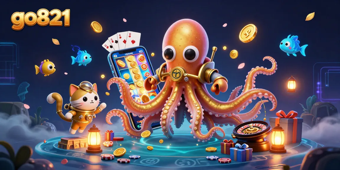 Win big at go821 with a colossal kraken and colorful slots in this dynamic casino scene.