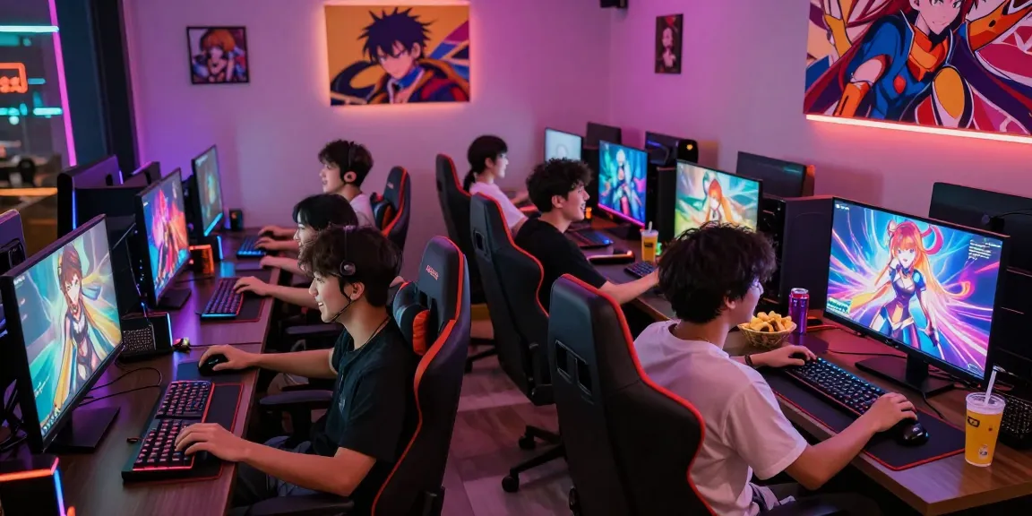 Group enjoying real hentai games in a vibrant gaming lounge, showcasing modern PCs and energetic atmosphere.