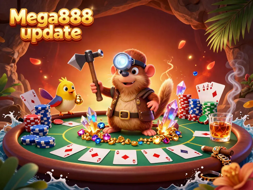 Experience the excitement of Mega888 update with a vibrant 3D illustration of treasure hunter mole, poker elements, and glowing gems.