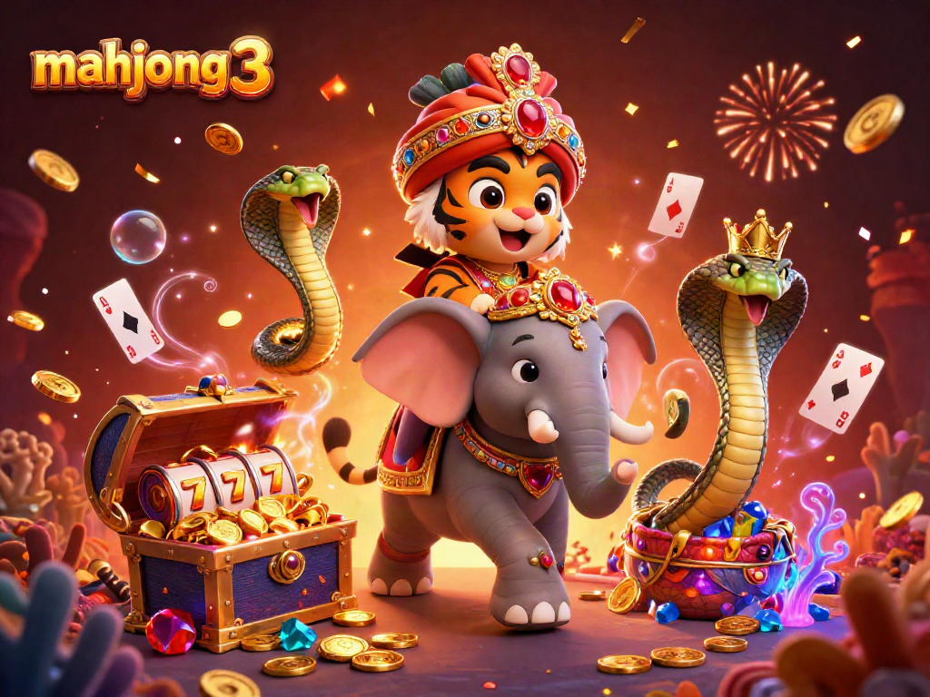 Play mahjong 3 with cartoon characters in a vibrant casino-themed scene filled with jewels.