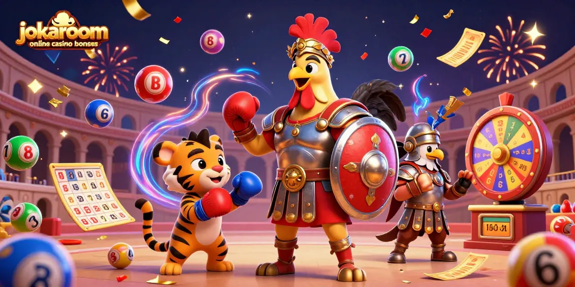 Experience exciting jokaroom online casino bonuses with a fun illustration of a gladiator rooster, colorful lottery elements, and vibrant confetti.