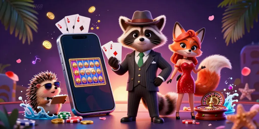 Engage with f168 in a vibrant casino scene featuring a raccoon with a royal flush and exciting gaming elements.