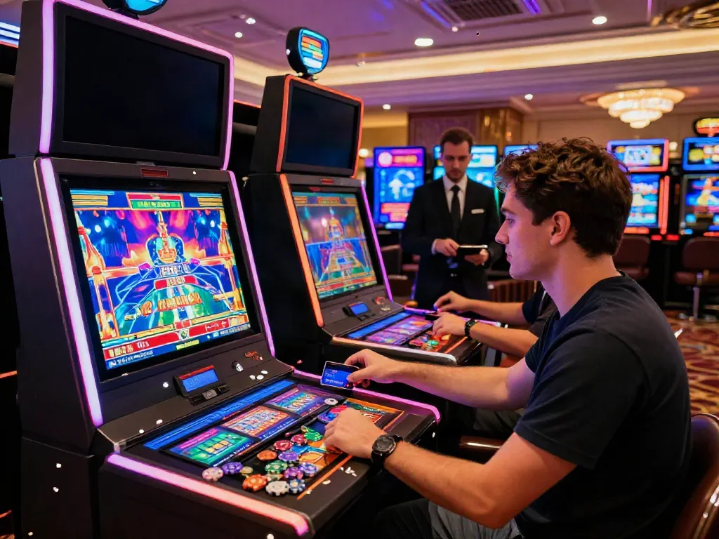Exciting scene of casinos that accept credit card with vibrant gaming, players, and colorful slot machines.