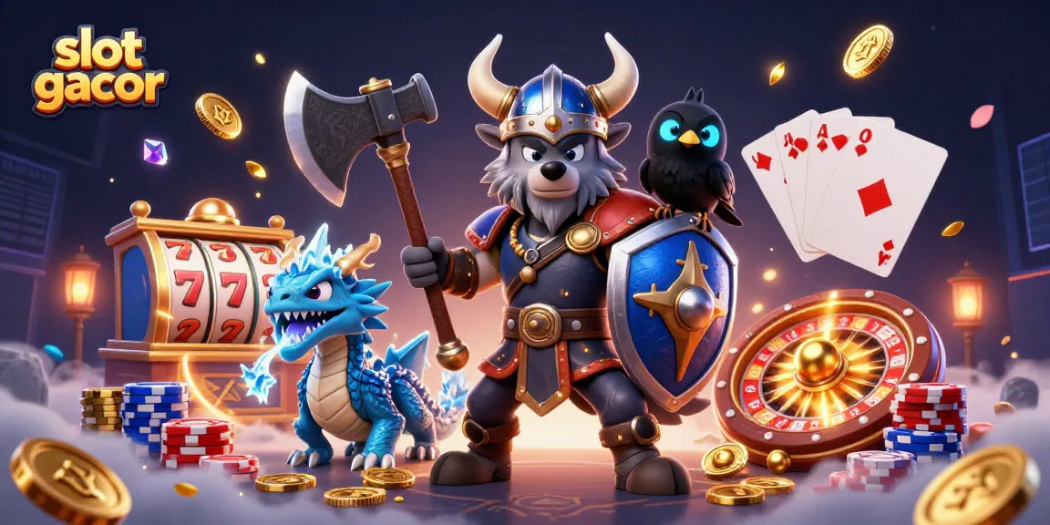 Spin the reels with slot gacor featuring an epic Viking wolf, fierce dragon, and vibrant casino elements.