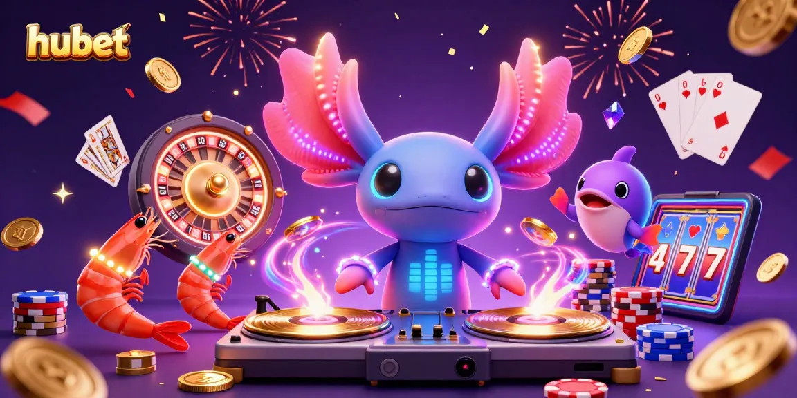 Experience exhilarating wins at hubet's vibrant casino with a neon axolotl DJ and sparkling treasures.