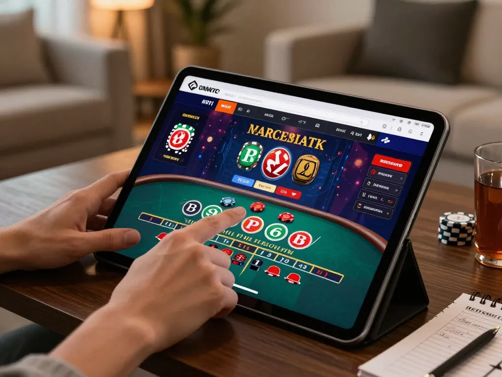 Engaging online gaming on a tablet with sun win live dealer Baccarat in a stylish home setting