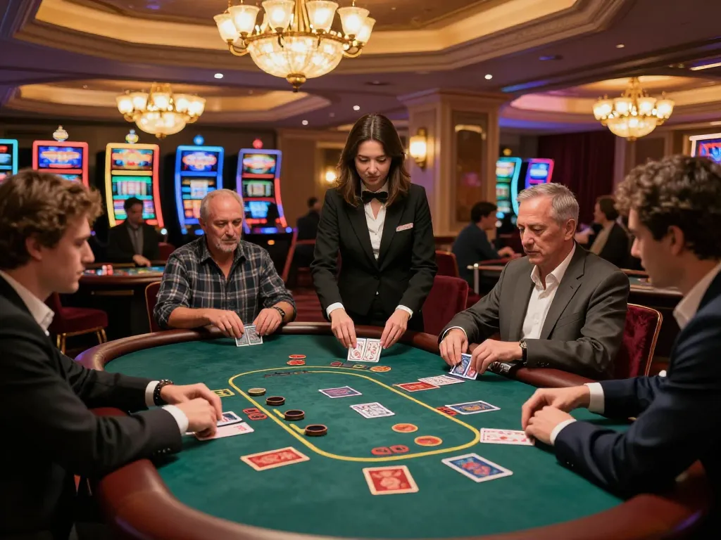 Players engaged in blackjack at b52 club with vibrant casino atmosphere and warm lighting.