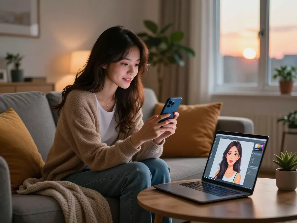 Young woman interacting with her ai gf on smartphone in cozy home setting