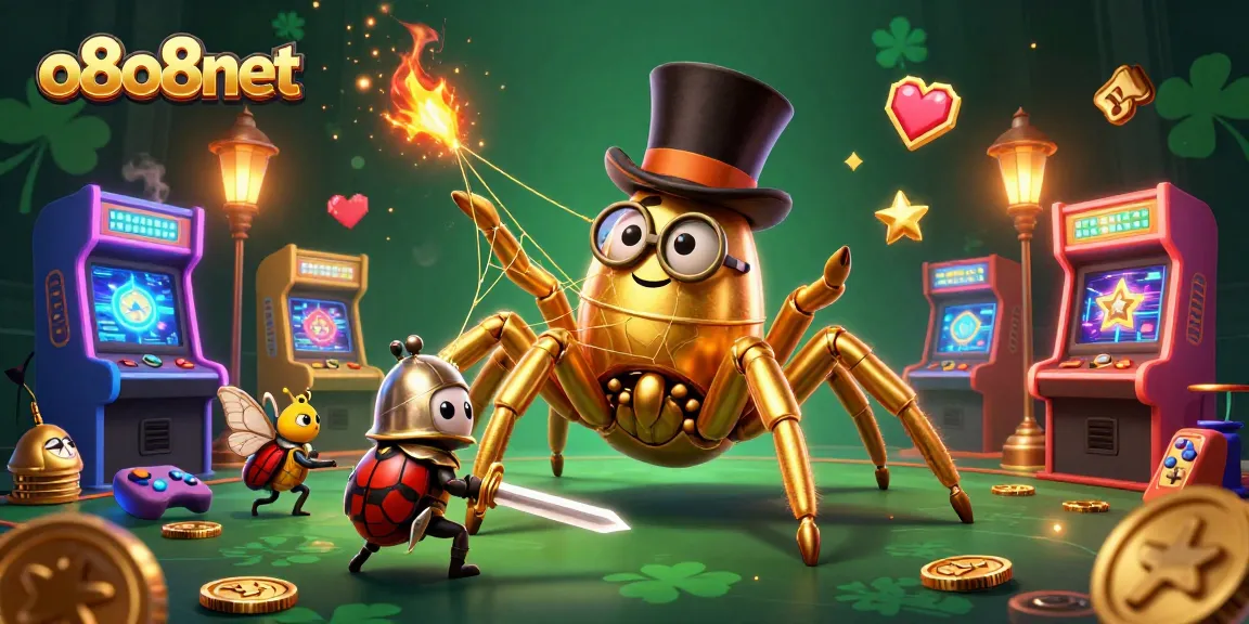 Play legendary games at o8o8net with a colorful 3D casino scene featuring a golden tarantula and beetle knight.