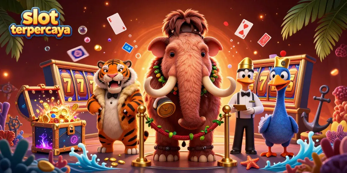 Experience the thrill of slot terpercaya with a dodo doorman and saber-tooth VIP in a vibrant casino scene.