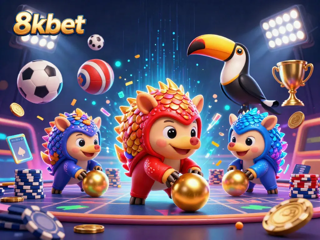 Experience the excitement of 8kbet with vibrant rival pangolins bowling through poker chips in a lively casino scene.