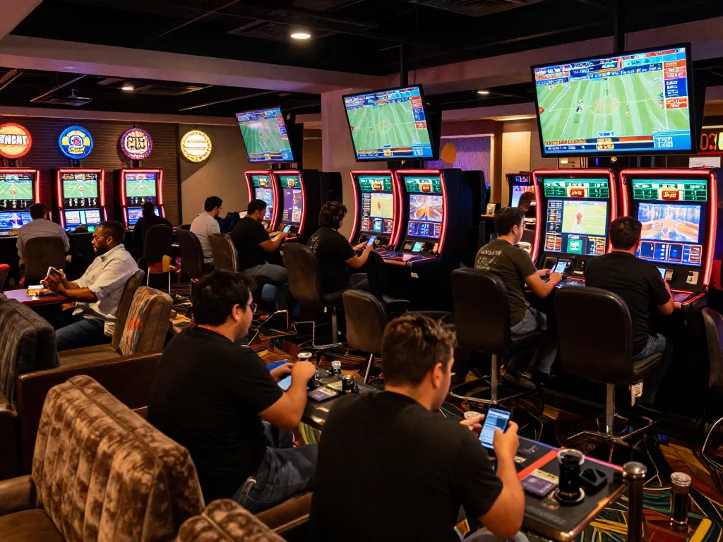 Exciting sports betting scene at a casino, showcasing no hu gamblers engaging with live game screens and placing bets