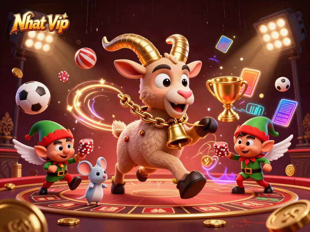 Nhat Vip offers an electrifying gambling experience with festive characters in a lively casino setting.