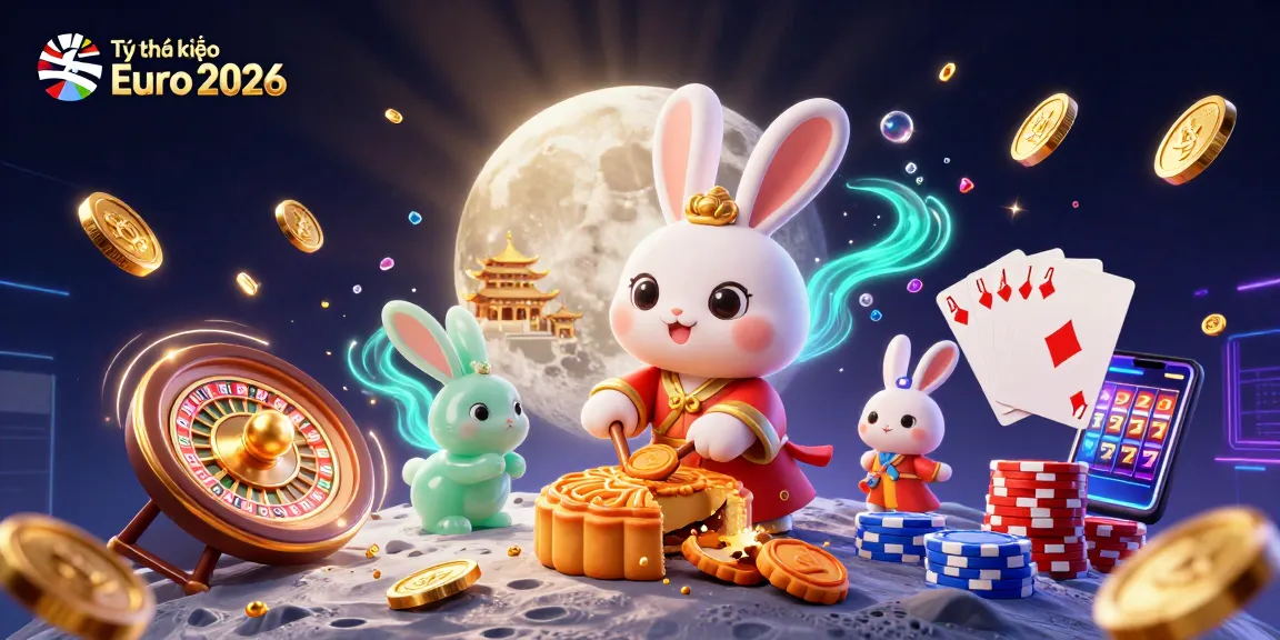 Tỷ lệ kèo Euro 2026 illustrated with a dynamic 3D moon rabbit scene featuring poker chips and casino elements.