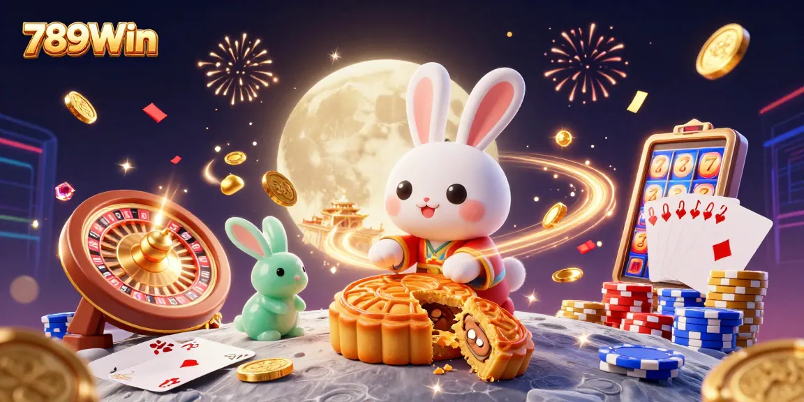 Experience the exciting world of online gaming with 789Win where the moon rabbit reveals poker chips amid dazzling casino elements.