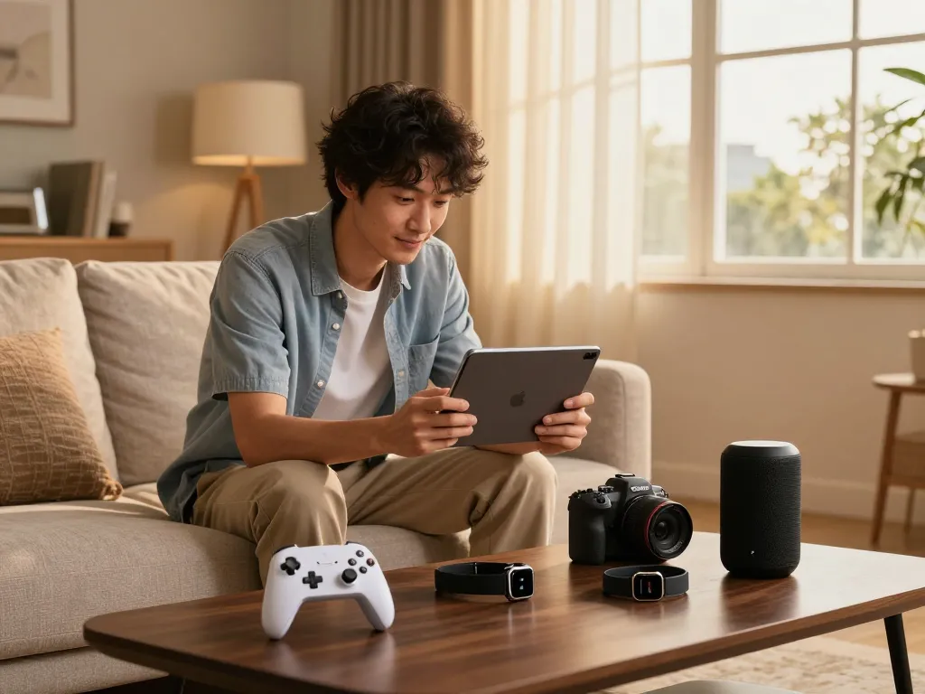 Exploring affordable tech gadgets on a tablet in a modern living room filled with stylish tech items.